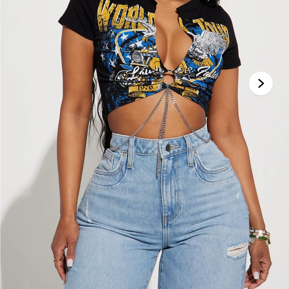 Fashion Nova Black and Blue Graphic Crop Top